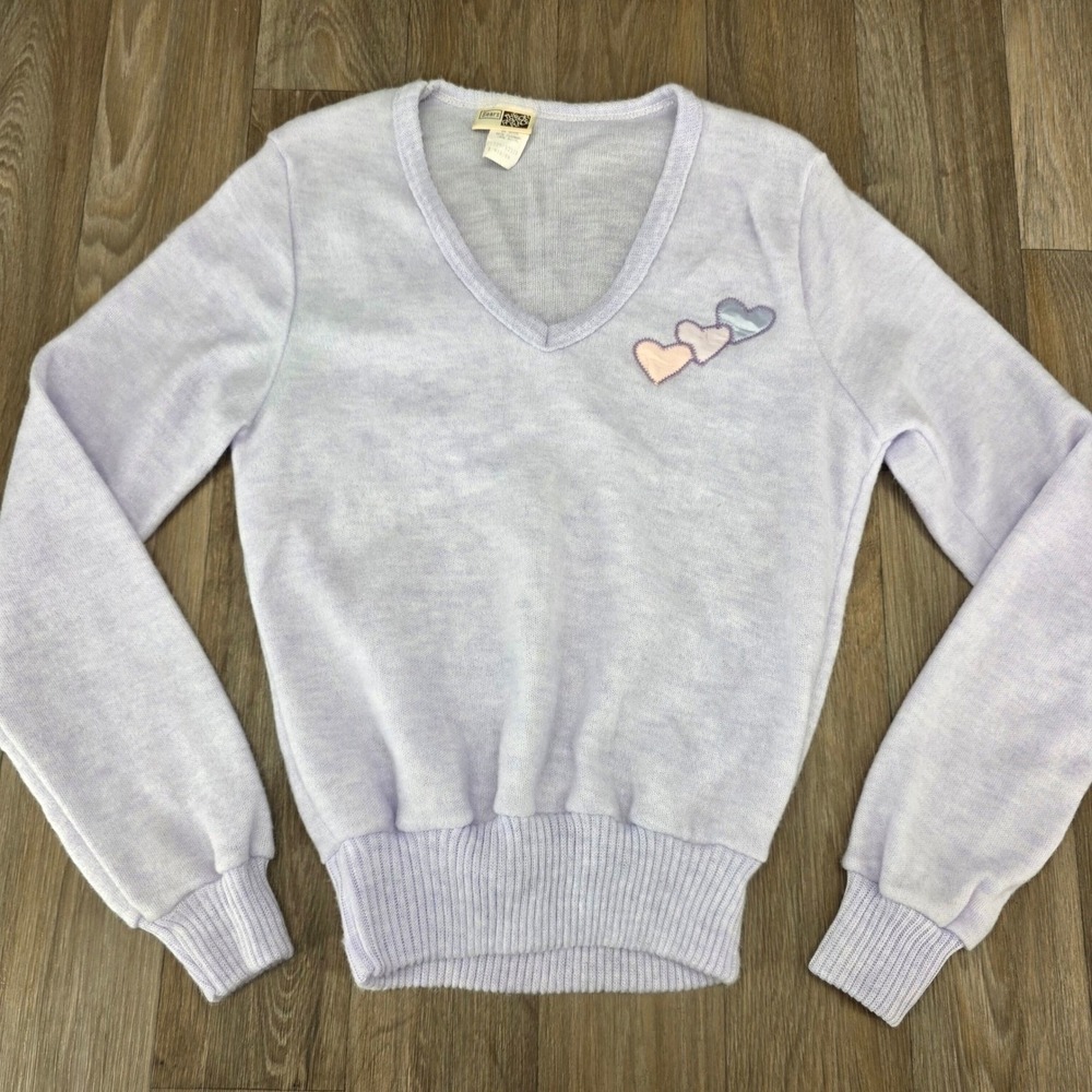 Vintage Sears The Fashion Place Lavender V-Neck Heart Sweater Womens Medium 80s